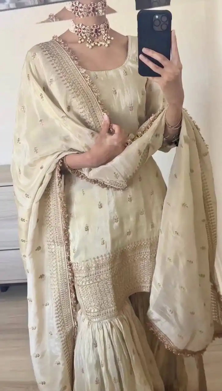 SRK-5143 Off White Color Pure Chinnon Silk Embroidery Sequence Salwar Suit Wedding, Party, Festive, Events Expected Delivery 4-6 Working Days @ 2150/- | Jump Suits, Salwar suit, Designer Suits, Casual Suits, Creative suits, Palazzo Suits, Party Wear Suits, Patiala Suits, Straight Suits