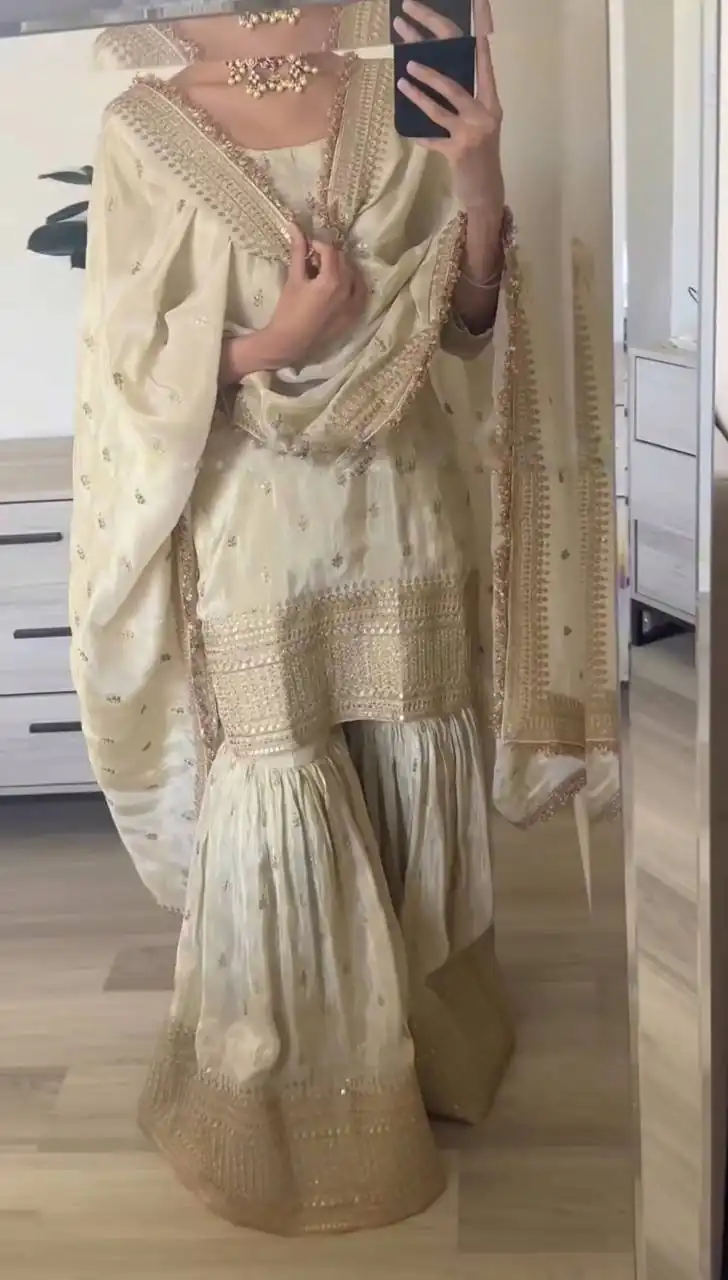 SRK-5143 Off White Color Pure Chinnon Silk Embroidery Sequence Salwar Suit Wedding, Party, Festive, Events Expected Delivery 4-6 Working Days @ 2150/- | Jump Suits, Salwar suit, Designer Suits, Casual Suits, Creative suits, Palazzo Suits, Party Wear Suits, Patiala Suits, Straight Suits