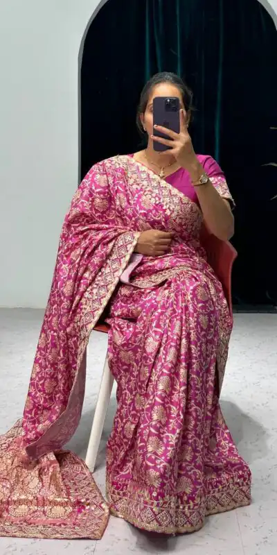 ST 390 Pink Color Vichitra Silk Digital Printed Embroidery Saree Casual, Wedding, Party, Festive, Events Etc. Expected Delivery 4-6 Working Days @1949/- | Sarees, Bollywood Sarees, Creative Sarees, Designer Sarees, Embroidered Sarees, Ethnic Saree, Modern Digital sarees, Party Wear Sarees