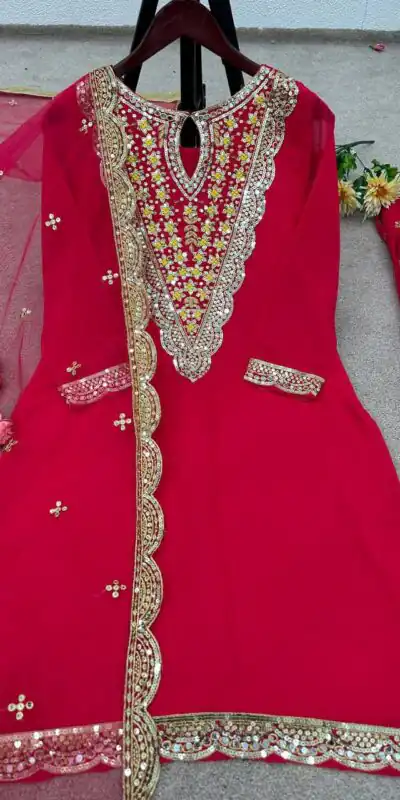 NSR 784 Red Color Georgette Embroidery Sequence Mirror Hand Work Salwar Suit Casual, Party Festive, Events Etc. Expected Delivery 4-6 Working Days @2050/- | Jump Suits, Salwar suit, Designer Suits, Casual Suits, Creative suits, Palazzo Suits, Party Wear Suits, Patiala Suits, Straight Suits