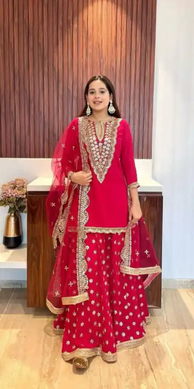 NSR 784 Red Color Georgette Embroidery Sequence Mirror Hand Work Salwar Suit Casual, Party Festive, Events Etc. Expected Delivery 4-6 Working Days @2050/- | Jump Suits, Salwar suit, Designer Suits, Casual Suits, Creative suits, Palazzo Suits, Party Wear Suits, Patiala Suits, Straight Suits