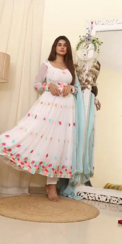 RTC 8041 B White  Color Georgette Embroidered Swarovski Anarkali Suit Casual, Wedding, Party, Festive, Events Etc. Expected Delivery 4-6 Working Days @1899 | Anarkali Suits, Bollywood Anarkali, Creative-Anarkali, Designer Anarkali, Embroidered Anarkali, Party Wear Anarkali, Straight Suits