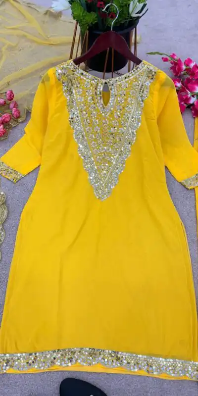 NSR 784 Yellow Color Georgette Embroidery Sequence Mirror Hand Work Salwar Suit Casual, Party Festive, Events Etc. Expected Delivery 4-6 Working Days @2050/ | Jump Suits, Salwar suit, Designer Suits, Casual Suits, Creative suits, Palazzo Suits, Party Wear Suits, Patiala Suits, Straight Suits