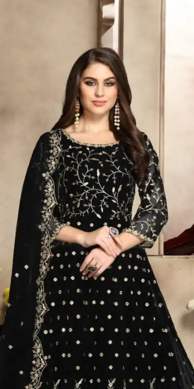  FC 94003 Black Color Georgette Multi Thread Zari Stich Anarkali Suit Wedding, Party, Festive events, etc. Expected Delivery  4-6 Working Days @2149/- | Anarkali Suits, Bollywood Anarkali, Creative-Anarkali, Designer Anarkali, Embroidered Anarkali, Party Wear Anarkali