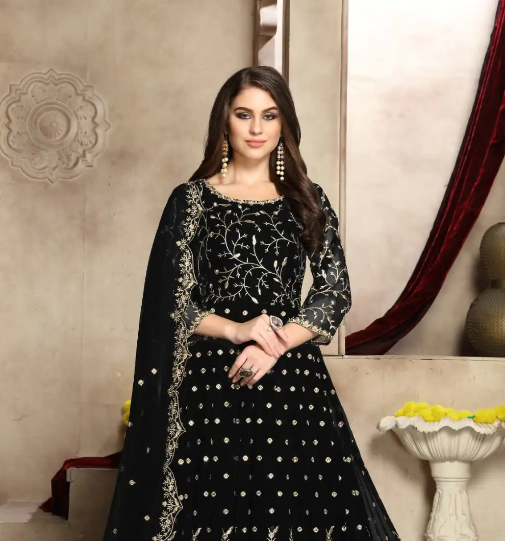 FC 94003 Black Color Georgette Multi Thread Zari Stich Anarkali Suit Wedding, Party, Festive events, etc. Expected Delivery 4-6 Working Days @2149/- | Anarkali Suits, Bollywood Anarkali, Creative-Anarkali, Designer Anarkali, Embroidered Anarkali, Party Wear Anarkali