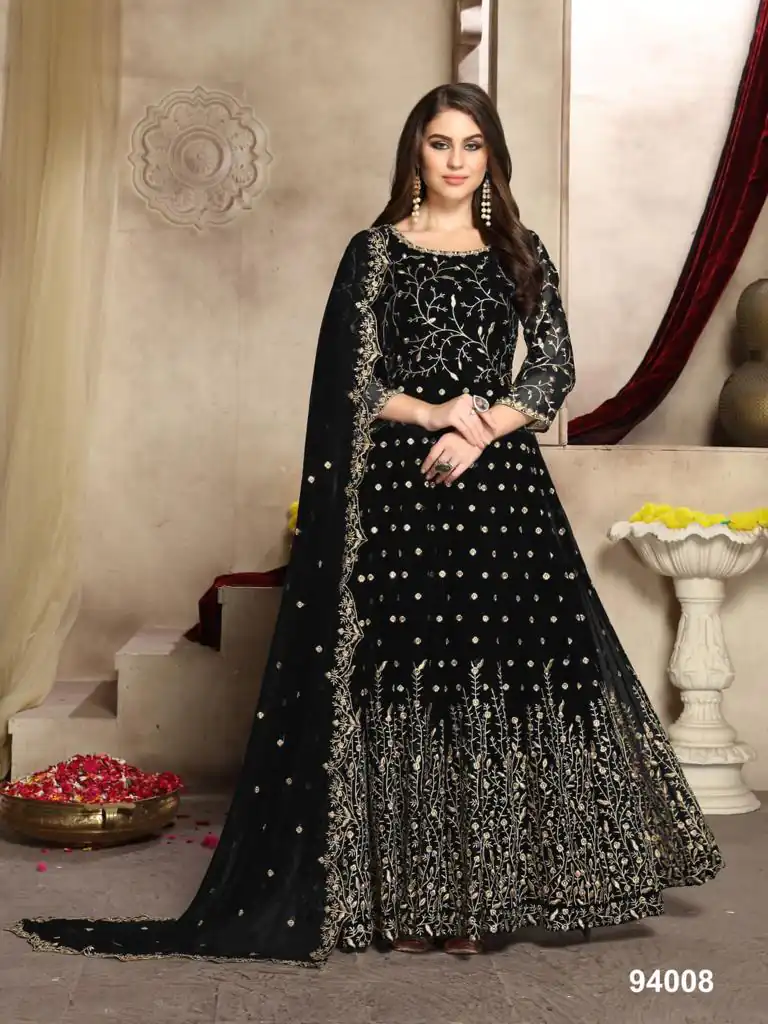 FC 94003 Black Color Georgette Multi Thread Zari Stich Anarkali Suit Wedding, Party, Festive events, etc. Expected Delivery 4-6 Working Days @2149/- | Anarkali Suits, Bollywood Anarkali, Creative-Anarkali, Designer Anarkali, Embroidered Anarkali, Party Wear Anarkali