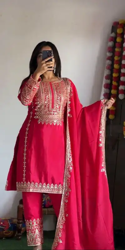 SRK 5151 Pink Color Pure Chinnon Silk Embroidery Sequence Salwar Suit Wedding, Party, Festive, Events Expected Delivery 4-6 Working Days @ 1949/- | Jump Suits, Salwar suit, Designer Suits, Casual Suits, Creative suits, Palazzo Suits, Party Wear Suits, Patiala Suits, Straight Suits