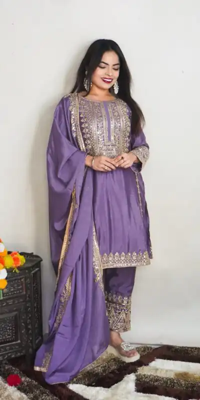 SRK 5151 Violet Color Pure Chinnon Silk Embroidery Sequence Salwar Suit Wedding, Party, Festive, Events Expected Delivery 4-6 Working Days @ 1949/- | Jump Suits, Salwar suit, Designer Suits, Casual Suits, Creative suits, Palazzo Suits, Party Wear Suits, Patiala Suits, Straight Suits