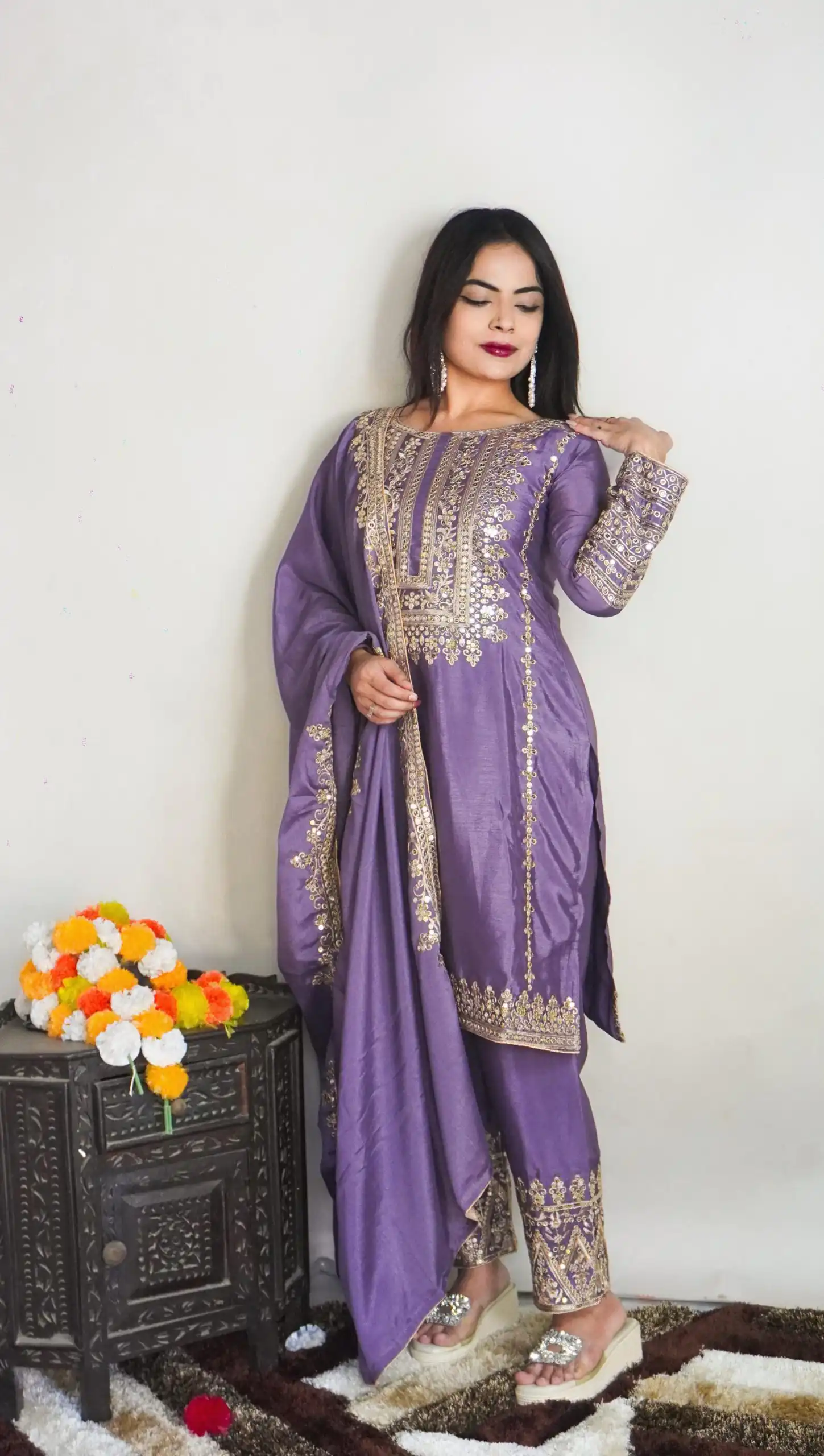 SRK 5151 Violet Color Pure Chinnon Silk Embroidery Sequence Salwar Suit Wedding, Party, Festive, Events Expected Delivery 4-6 Working Days @ 1949/- | Jump Suits, Salwar suit, Designer Suits, Casual Suits, Creative suits, Palazzo Suits, Party Wear Suits, Patiala Suits, Straight Suits