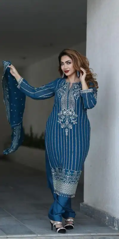 SRK 5152 Blue Color Pure Chinnon Silk Embroidery Sequence Salwar Suit Wedding, Party, Festive, Events Expected Delivery 4-6 Working Days @ 1899/- | Jump Suits, Salwar suit, Designer Suits, Casual Suits, Creative suits, Palazzo Suits, Party Wear Suits, Patiala Suits, Straight Suits
