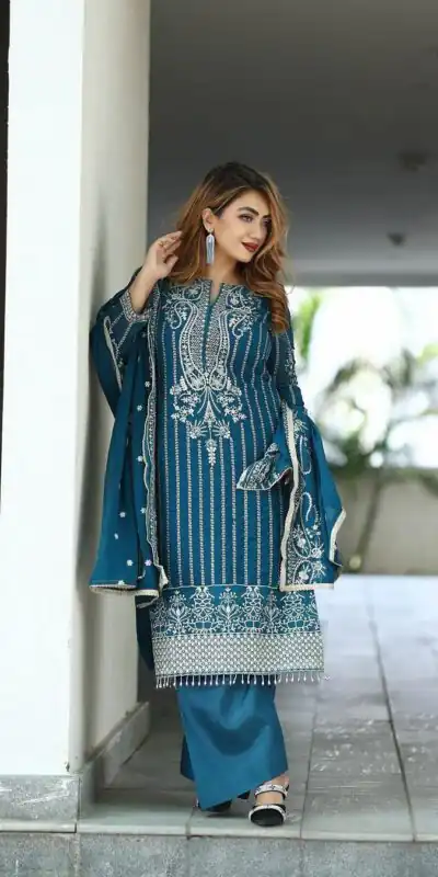 SRK 5152 Blue Color Pure Chinnon Silk Embroidery Sequence Salwar Suit Wedding, Party, Festive, Events Expected Delivery 4-6 Working Days @ 1899/- | Jump Suits, Salwar suit, Designer Suits, Casual Suits, Creative suits, Palazzo Suits, Party Wear Suits, Patiala Suits, Straight Suits