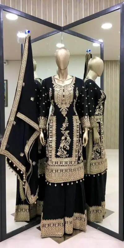SRK 5146 Black Color Pure Chinnon Silk Embroidery Coding Dori Salwar Suit Wedding, Party, Festive, Events Expected Delivery 4-6 Working Days @ 2199/- | Jump Suits, Salwar suit, Designer Suits, Casual Suits, Creative suits, Palazzo Suits, Party Wear Suits, Patiala Suits, Straight Suits