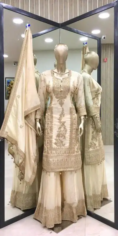 SRK 5146 Golden Color Pure Chinnon Silk Embroidery Coding Dori Salwar Suit Wedding, Party, Festive, Events Expected Delivery 4-6 Working Days @ 2199/- | Jump Suits, Salwar suit, Designer Suits, Casual Suits, Creative suits, Palazzo Suits, Party Wear Suits, Patiala Suits, Straight Suits
