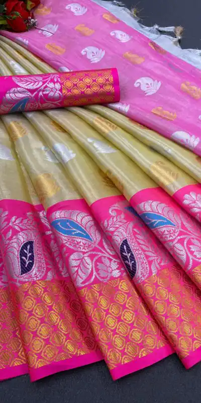 MB™️  3243 Golden Color Soft Organic Tissue Silk Saree Gold ,Silver Zari Weaving Casual, Party Wear, Festival, Events, Etc. Delivery 4-6 Working Days @1550/- | Sarees, Bollywood Sarees, Creative Sarees, Designer Sarees, Embroidered Sarees, Ethnic Saree, Modern Digital sarees, Party Wear Sarees