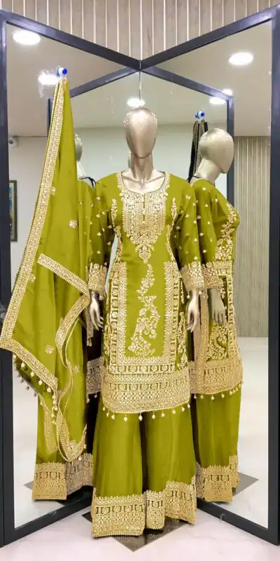SRK 5146 Green Color Pure Chinnon Silk Embroidery Coding Dori Salwar Suit Wedding, Party, Festive, Events Expected Delivery 4-6 Working Days @ 2199/- | Jump Suits, Salwar suit, Designer Suits, Casual Suits, Creative suits, Palazzo Suits, Party Wear Suits, Patiala Suits, Straight Suits