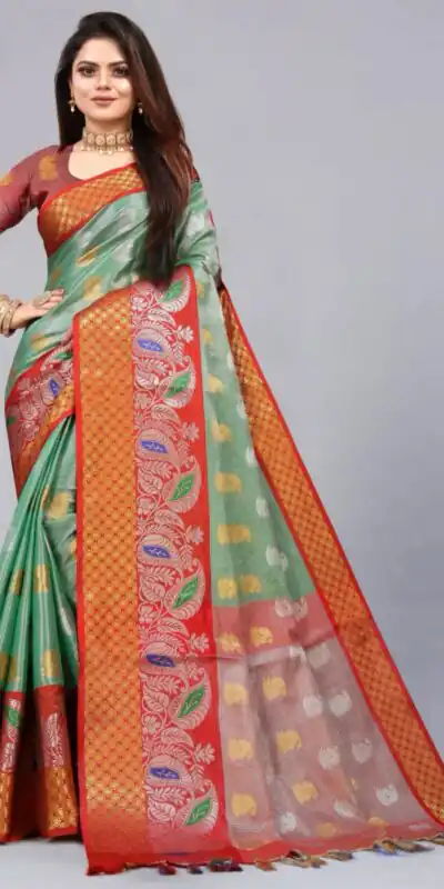 MB™️  3243 Green Color Soft Organic Tissue Silk Saree Gold ,Silver Zari Weaving Casual, Party Wear, Festival, Events, Etc. Delivery 4-6 Working Days @1550/- | Sarees, Bollywood Sarees, Creative Sarees, Designer Sarees, Embroidered Sarees, Ethnic Saree, Modern Digital sarees, Party Wear Sarees