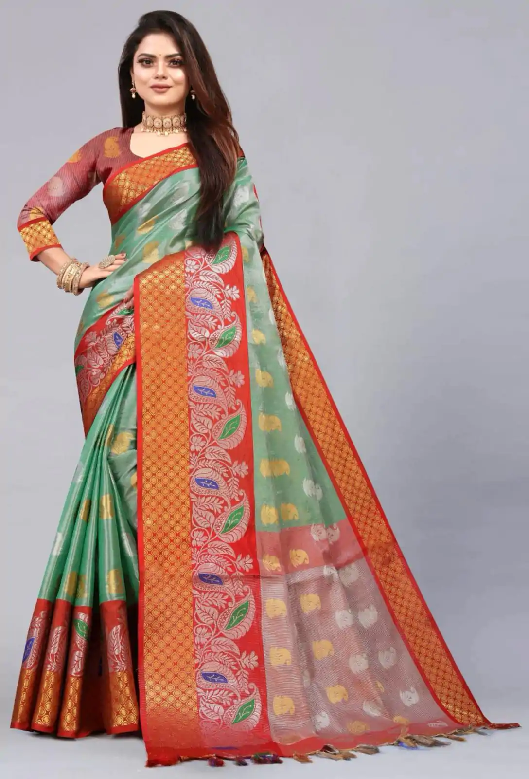 MB™️  3243 Green Color Soft Organic Tissue Silk Saree Gold ,Silver Zari Weaving Casual, Party Wear, Festival, Events, Etc. Delivery 4-6 Working Days @1550/- | Sarees, Bollywood Sarees, Creative Sarees, Designer Sarees, Embroidered Sarees, Ethnic Saree, Modern Digital sarees, Party Wear Sarees