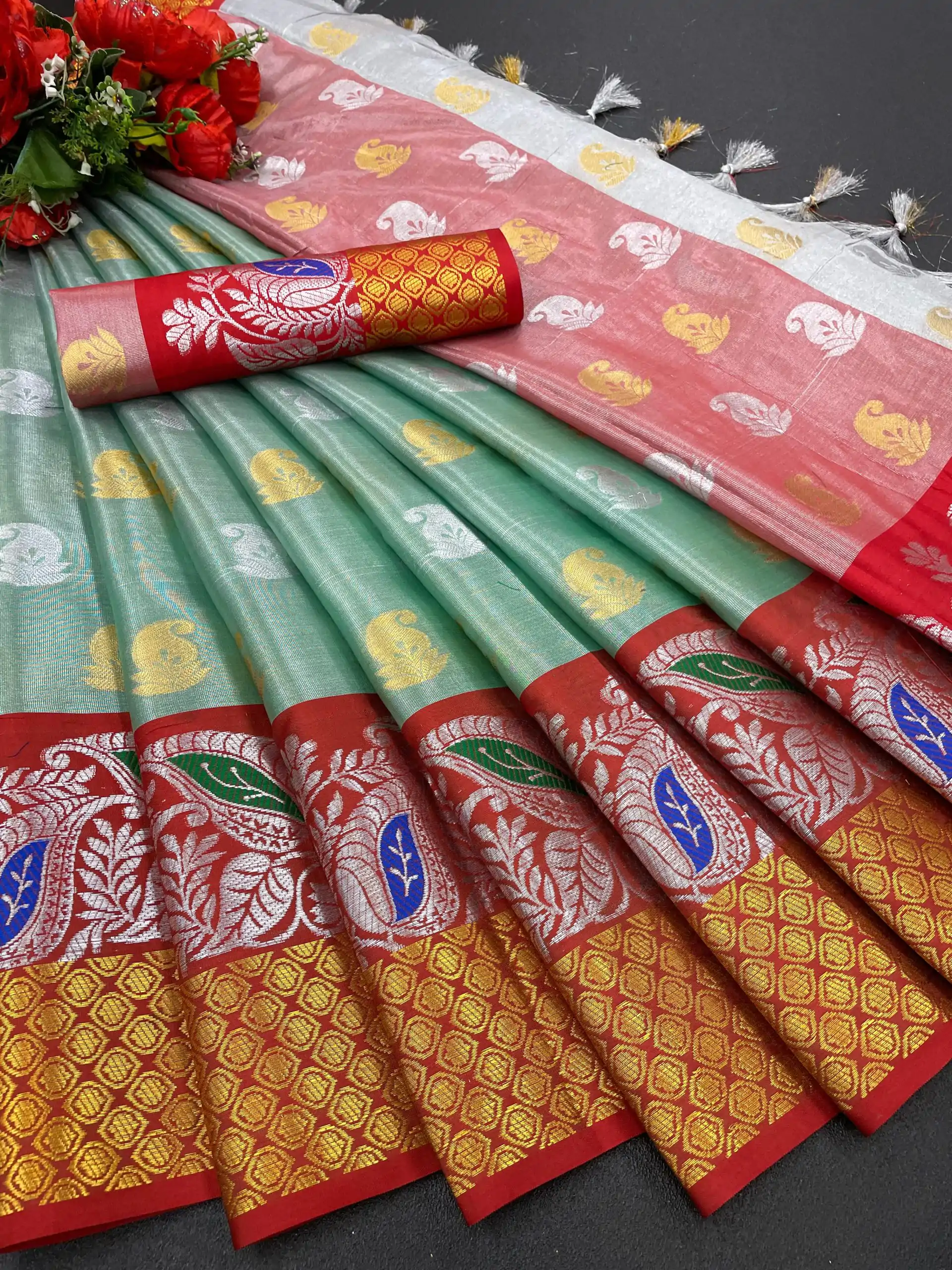 MB™️  3243 Green Color Soft Organic Tissue Silk Saree Gold ,Silver Zari Weaving Casual, Party Wear, Festival, Events, Etc. Delivery 4-6 Working Days @1550/- | Sarees, Bollywood Sarees, Creative Sarees, Designer Sarees, Embroidered Sarees, Ethnic Saree, Modern Digital sarees, Party Wear Sarees
