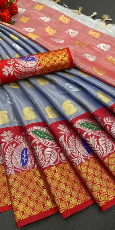 MB™️  3243 Grey Color Soft Organic Tissue Silk Saree Gold ,Silver Zari Weaving Casual, Party Wear, Festival, Events, Etc. Delivery 4-6 Working Days @1550/- | Sarees, Bollywood Sarees, Creative Sarees, Designer Sarees, Embroidered Sarees, Ethnic Saree, Modern Digital sarees, Party Wear Sarees