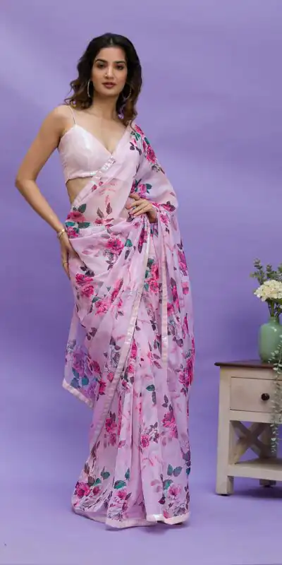RS 45 Pink Color Floral Digital Printed Georgette Lace Border Saree Casual, Party, Wedding, Festive, Events .  Expected Delivery  4-6 Working Days @1799/- | Sarees, Bollywood Sarees, Creative Sarees, Designer Sarees, Embroidered Sarees, Ethnic Saree, Modern Digital sarees, Party Wear Sarees