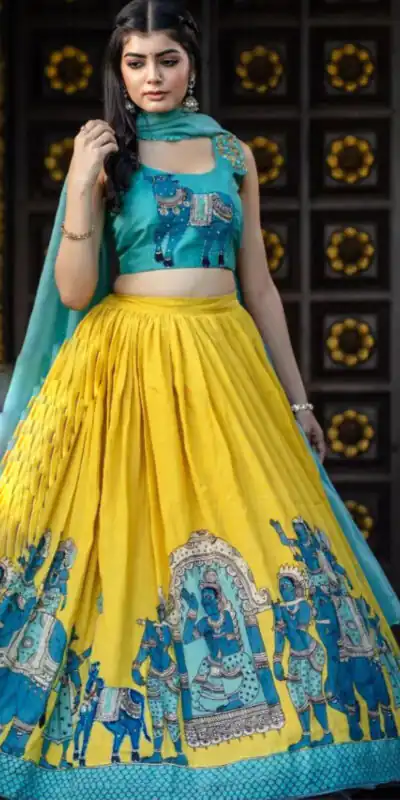 PC 290 Mustard Color Chant Crepe Kalamkari Print Lehenga Choli Casual, Party Wear, Events, Festivals Wear Etc. Expected Delivery 4-6 Working Days @2049/- | Lehenga, Bollywood Lehenga, Creative Lehenga, Designer Lehenga, Embroidered Lehenga, Party Wear Lehenga