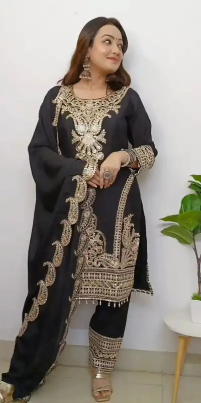 SRK 5149 Black Color Pure Chinnon Silk Embroidery Sequence Salwar Suit Wedding, Party, Festive, Events Expected Delivery 4-6 Working Days @ 2049/- | Jump Suits, Salwar suit, Designer Suits, Casual Suits, Creative suits, Palazzo Suits, Party Wear Suits, Patiala Suits, Straight Suits