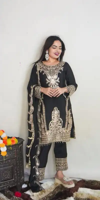 SRK 5149 Black Color Pure Chinnon Silk Embroidery Sequence Salwar Suit Wedding, Party, Festive, Events Expected Delivery 4-6 Working Days @ 2049/- | Jump Suits, Salwar suit, Designer Suits, Casual Suits, Creative suits, Palazzo Suits, Party Wear Suits, Patiala Suits, Straight Suits