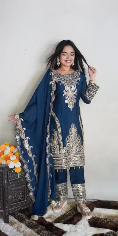 SRK 5149 Blue Color Pure Chinnon Silk Embroidery Sequence Salwar Suit Wedding, Party, Festive, Events Expected Delivery 4-6 Working Days @ 2049/- | Jump Suits, Salwar suit, Designer Suits, Casual Suits, Creative suits, Palazzo Suits, Party Wear Suits, Patiala Suits, Straight Suits