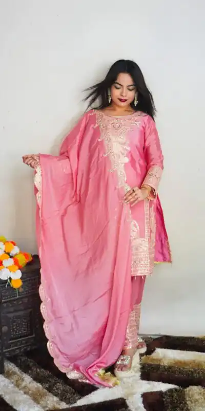 SRK 5149 Pink Color Pure Chinnon Silk Embroidery Sequence Salwar Suit Wedding, Party, Festive, Events Expected Delivery 4-6 Working Days @ 2049/- | Jump Suits, Salwar suit, Designer Suits, Casual Suits, Creative suits, Palazzo Suits, Party Wear Suits, Patiala Suits, Straight Suits