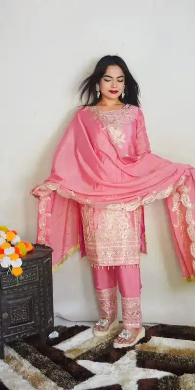 SRK 5149 Pink Color Pure Chinnon Silk Embroidery Sequence Salwar Suit Wedding, Party, Festive, Events Expected Delivery 4-6 Working Days @ 2049/- | Jump Suits, Salwar suit, Designer Suits, Casual Suits, Creative suits, Palazzo Suits, Party Wear Suits, Patiala Suits, Straight Suits
