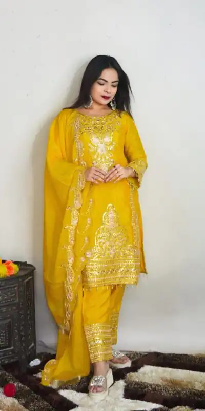 SRK 5149 Yellow Color Pure Chinnon Silk Embroidery Sequence Salwar Suit Wedding, Party, Festive, Events Expected Delivery 4-6 Working Days @ 2049/- | Jump Suits, Salwar suit, Designer Suits, Casual Suits, Creative suits, Palazzo Suits, Party Wear Suits, Patiala Suits, Straight Suits