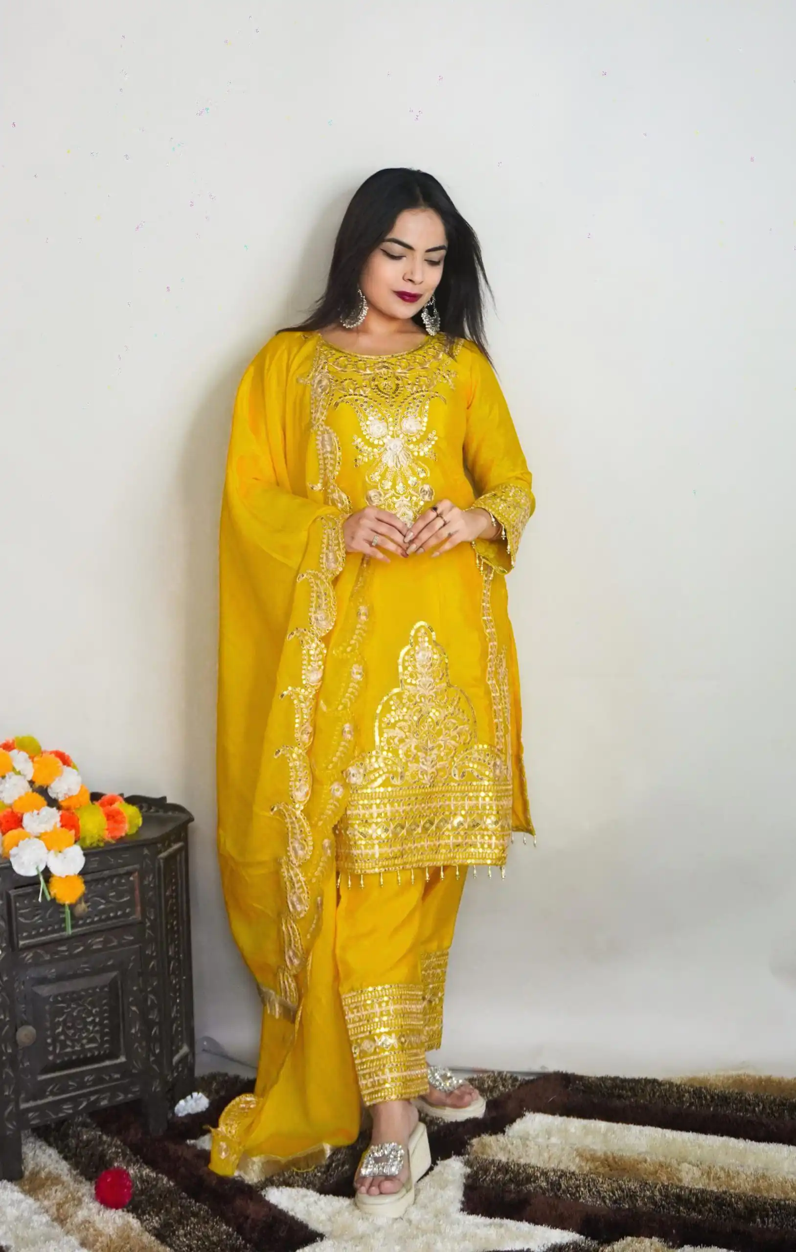 SRK 5149 Yellow Color Pure Chinnon Silk Embroidery Sequence Salwar Suit Wedding, Party, Festive, Events Expected Delivery 4-6 Working Days @ 2049/- | Jump Suits, Salwar suit, Designer Suits, Casual Suits, Creative suits, Palazzo Suits, Party Wear Suits, Patiala Suits, Straight Suits