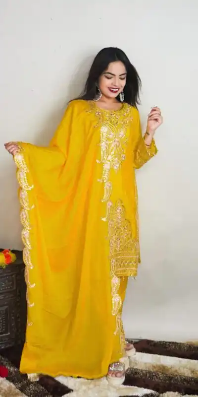 SRK 5149 Yellow Color Pure Chinnon Silk Embroidery Sequence Salwar Suit Wedding, Party, Festive, Events Expected Delivery 4-6 Working Days @ 2049/- | Jump Suits, Salwar suit, Designer Suits, Casual Suits, Creative suits, Palazzo Suits, Party Wear Suits, Patiala Suits, Straight Suits