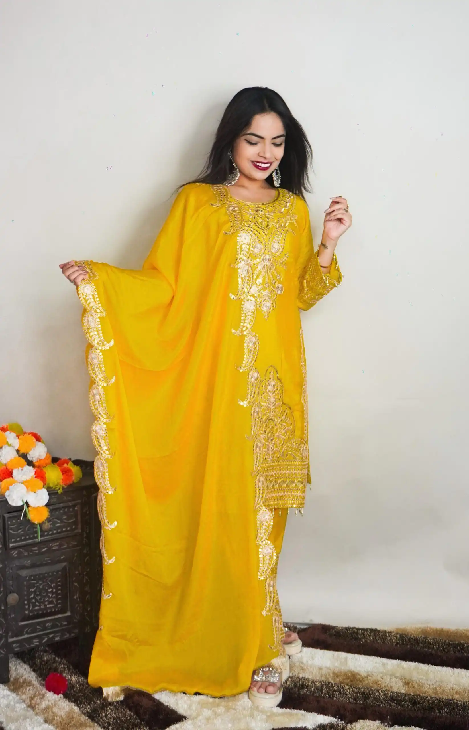 SRK 5149 Yellow Color Pure Chinnon Silk Embroidery Sequence Salwar Suit Wedding, Party, Festive, Events Expected Delivery 4-6 Working Days @ 2049/- | Jump Suits, Salwar suit, Designer Suits, Casual Suits, Creative suits, Palazzo Suits, Party Wear Suits, Patiala Suits, Straight Suits
