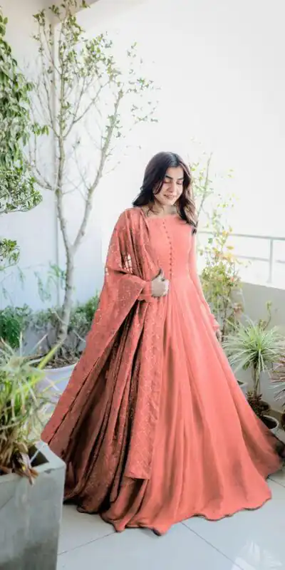 FC Noor Peach Georgette Embroidery Work Anarkali Suit Wedding, Party, Festive events, etc. Expected Delivery  4-6 Working Days @2399/- Only FC 1699Pink  | Anarkali Suits, Bollywood Anarkali, Creative-Anarkali, Designer Anarkali, Embroidered Anarkali, Party Wear Anarkali