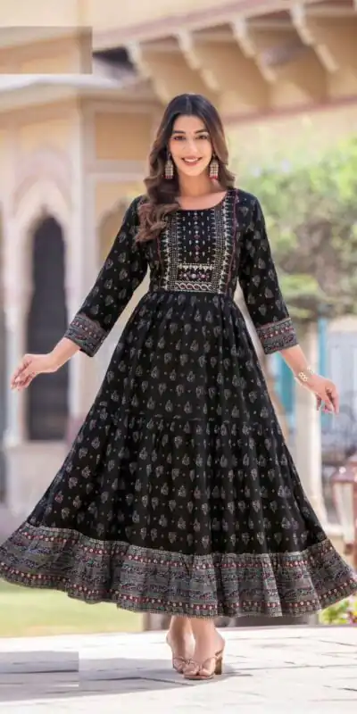 INLI Glamour Black Color Rayon Printed Gown With Hand Work  Casual, Wedding, Party, Festive, Events Etc. Expected Delivery 4-6 Working Days @1599 / | Gowns, Bollywood Gowns, Creative Gowns, Designer Gowns, Embroidered Gowns, Party Wear Gowns