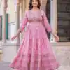 Good-Looking Light Pink Color Rayon Printed Hand Work Gown