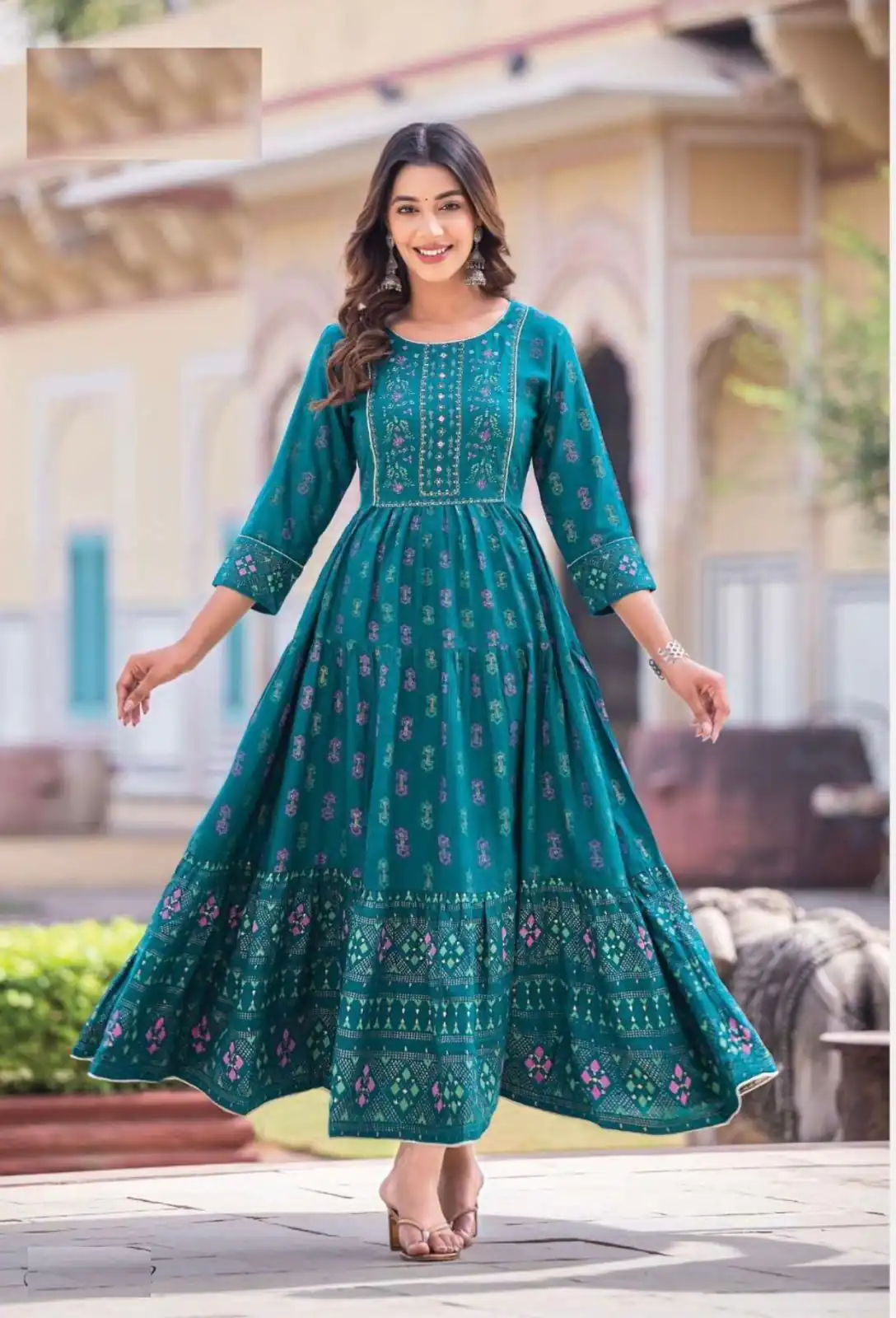 INLI Glamour Peacock Green Color Rayon Printed Gown With Hand Work Casual, Party, Festive, Events Etc. Expected Delivery 4-6 Working Days @1599 /- | Gowns, Bollywood Gowns, Creative Gowns, Designer Gowns, Embroidered Gowns, Party Wear Gowns