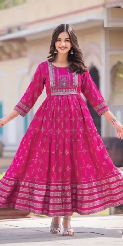 INLI Glamour Pink Color Rayon Printed Gown With Hand Work  Casual, Wedding, Party, Festive, Events Etc. Expected Delivery 4-6 Working Days @1599 /- | Gowns, Bollywood Gowns, Creative Gowns, Designer Gowns, Embroidered Gowns, Party Wear Gowns