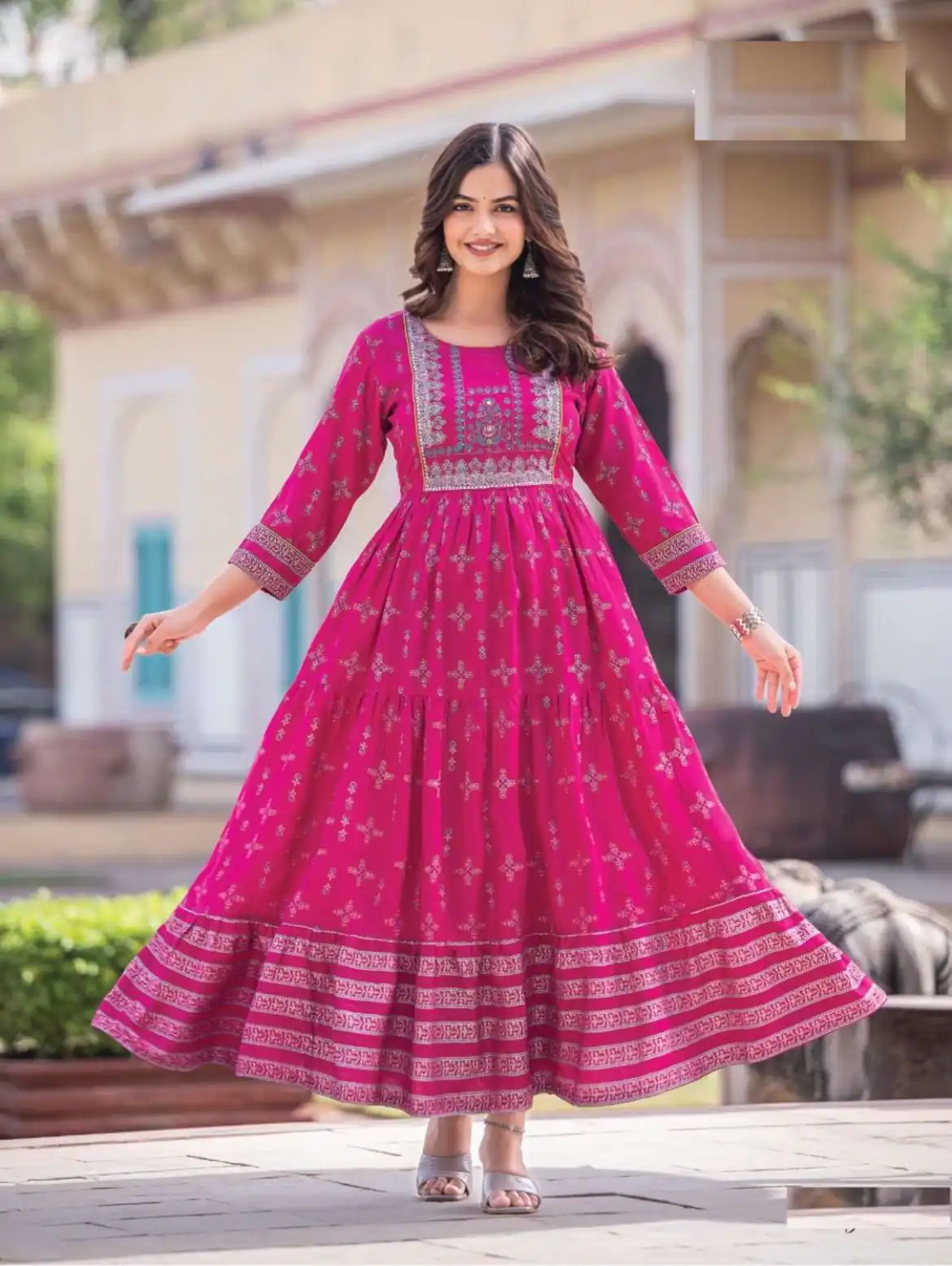 INLI Glamour Pink Color Rayon Printed Gown With Hand Work  Casual, Wedding, Party, Festive, Events Etc. Expected Delivery 4-6 Working Days @1599 /- | Gowns, Bollywood Gowns, Creative Gowns, Designer Gowns, Embroidered Gowns, Party Wear Gowns