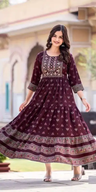 INLI Glamour Purple Color Rayon Printed Gown With Hand Work  Casual, Wedding, Party, Festive, Events Etc. Expected Delivery 4-6 Working Days @1599 / | Gowns, Bollywood Gowns, Creative Gowns, Designer Gowns, Embroidered Gowns, Party Wear Gowns
