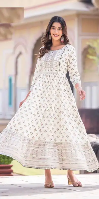 INLI Glamour White Color Rayon Printed Gown With Hand Work  Casual, Wedding, Party, Festive, Events Etc. Expected Delivery 4-6 Working Days @1599 /- | Gowns, Bollywood Gowns, Creative Gowns, Designer Gowns, Embroidered Gowns, Party Wear Gowns