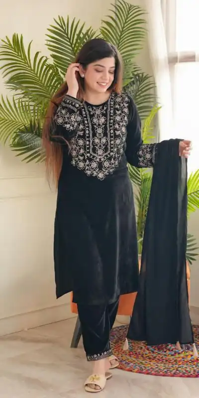 LG-1786 Black Color Viscos Velvet Embroidery Salwar Suit Paint Free Size Casual, Wedding, Festive, Events Etc. Expected Delivery 4-6 Working Days @1899/- | Salwar suit, Designer Suits, Casual Suits, Creative suits, Party Wear Suits, Patiala Suits, Straight Suits