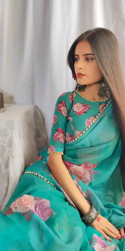 YNF7007 Green Color Georgette Printed with pearl lace border Saree Casual, Party Wear, Wedding, Events Etc. Expected Delivery 4-6 Working Days @1499/- | Sarees, Bollywood Sarees, Creative Sarees, Designer Sarees, Embroidered Sarees, Ethnic Saree, Modern Digital sarees, Party Wear Sarees