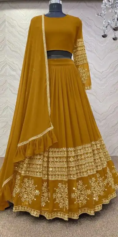 RC Butta Gold Mustard Color Heavy Georgette Embroidery Sequins Lehenga Choli Casual, Party Wedding, Festive, Events Etc. Delivery  4-6 Working Days 1699/- | Lehenga, Bollywood Lehenga, Creative Lehenga, Designer Lehenga, Embroidered Lehenga, Party Wear Lehenga