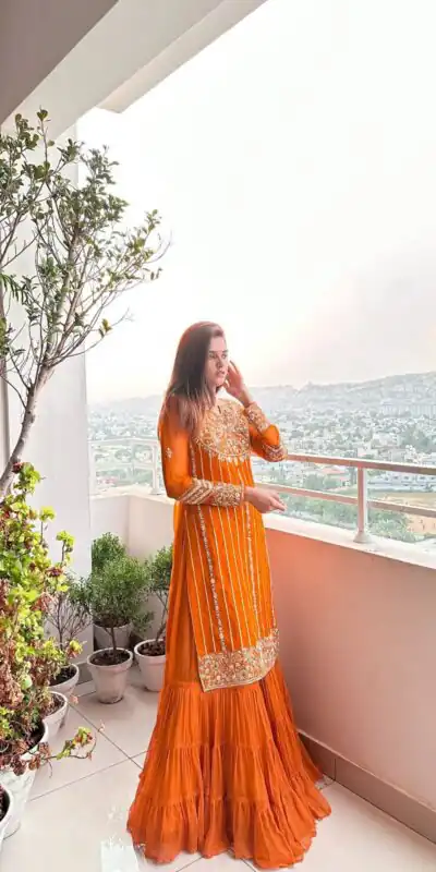 KD 1241 Orange Color Faux Georgette Thread Sequence Salwar Suit Casual, Party, Wedding, Festive, Events Etc. Expected Delivery 4-6 Working Days @1949/- | Jump Suits, Salwar suit, Designer Suits, Casual Suits, Creative suits, Palazzo Suits, Party Wear Suits, Patiala Suits, Straight Suits