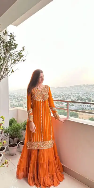 KD 1241 Orange Color Faux Georgette Thread Sequence Salwar Suit Casual, Party, Wedding, Festive, Events Etc.  Expected Delivery 4-6 Working Days @1949/- | Jump Suits, Salwar suit, Designer Suits, Casual Suits, Creative suits, Palazzo Suits, Party Wear Suits, Patiala Suits, Straight Suits