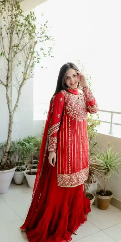KD 1241 Red Color Faux Georgette Thread Sequence Salwar Suit Casual, Party, Wedding, Festive, Events Etc. Expected Delivery 4-6 Working Days @1949/- | Jump Suits, Salwar suit, Designer Suits, Casual Suits, Creative suits, Palazzo Suits, Party Wear Suits, Patiala Suits, Straight Suits