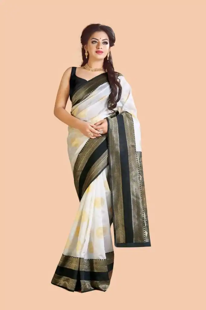 KP 5055 White & Black Color Soft Lichi Silk Jacquard Work Saree Casual, Party Wear, Wedding, Events Etc. Expected Delivery 4-6 Working Days @1499/- | Sarees, Bollywood Sarees, Creative Sarees, Designer Sarees, Embroidered Sarees, Ethnic Saree, Modern Digital sarees, Party Wear Sarees