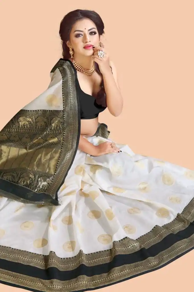 KP 5055 White & Black Color Soft Lichi Silk Jacquard Work Saree Casual, Party Wear, Wedding, Events Etc. Expected Delivery 4-6 Working Days @1499/- | Sarees, Bollywood Sarees, Creative Sarees, Designer Sarees, Embroidered Sarees, Ethnic Saree, Modern Digital sarees, Party Wear Sarees